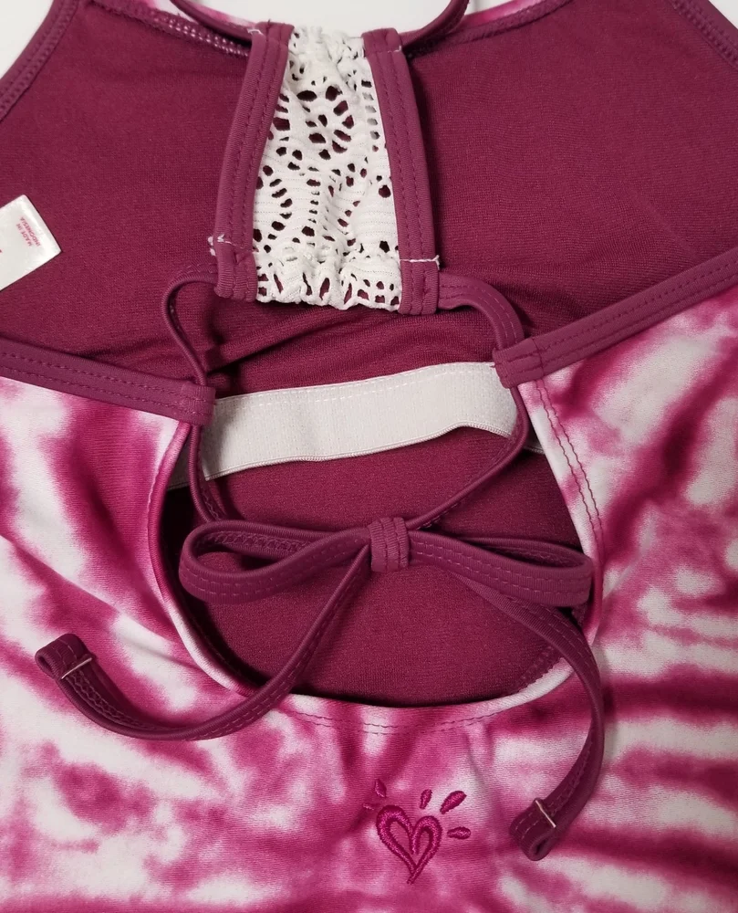 Justice Crochet Racerback One Piece Swimsuit Maroon Tye-Dye Sz 7